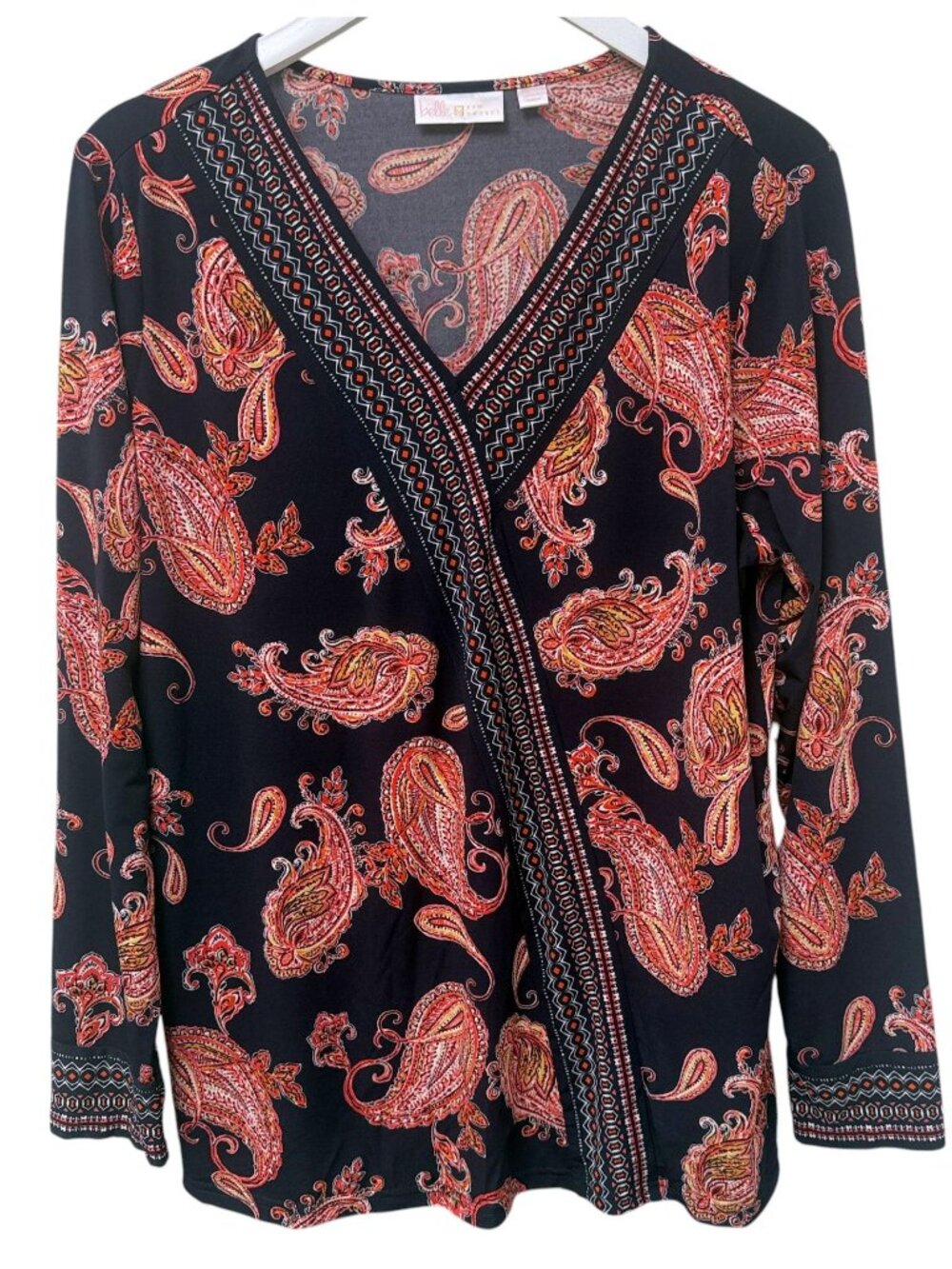 Belle Kim Gravel Stretch Top Large Navy Blue Paisley Border Tunic Pullover